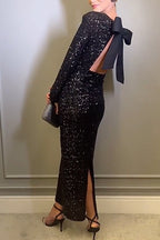 Bow Backless Sequin Bodycon Maxi Party Dress