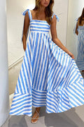 Pocketed Bow Shoulder Striped Swing Maxi Cami Dress