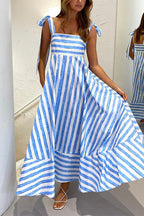 Pocketed Bow Shoulder Striped Swing Maxi Cami Dress