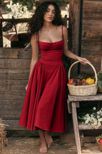 Corset Bodice Basque Waist Pleated A-Line Midi Dress