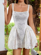 Square Collar Waist Bud Puff Lace Mini&Short Dresses
