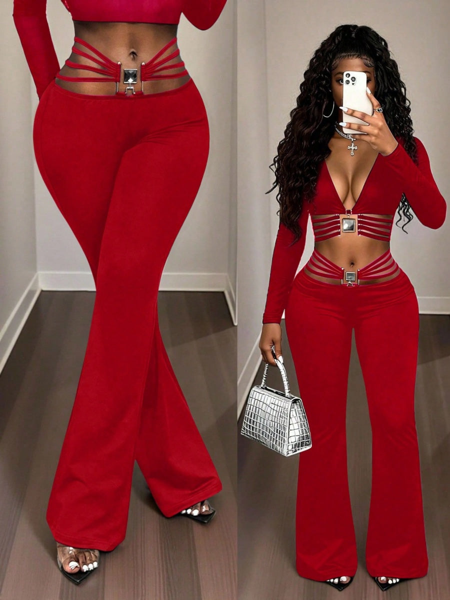 String Decoration Rhinestones Buttock Lift Bell-bottoms Stretch Pants
