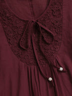 Tie-up Cotton And Linen Patchwork Lace Three-quarter Sleeve T-shirt