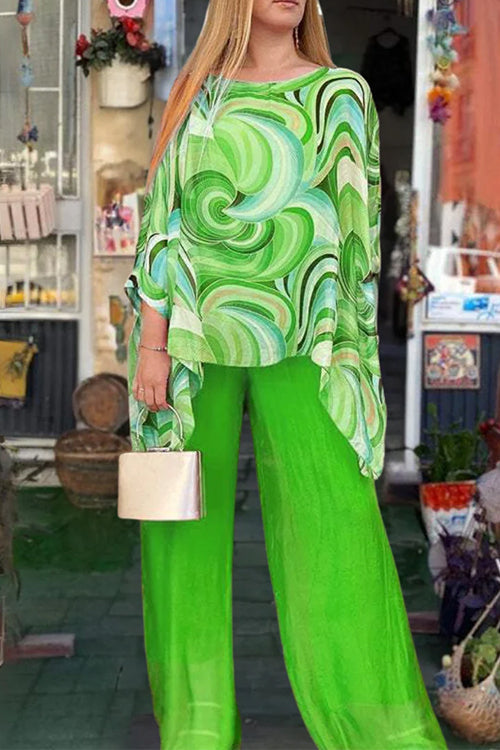 Printed Batwing Sleeves Irregular Top and Wide Leg Pants Chiffon Set