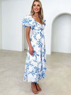 Printed Puff Sleeve Sweetheart Collar Vacation Maxi Dresses