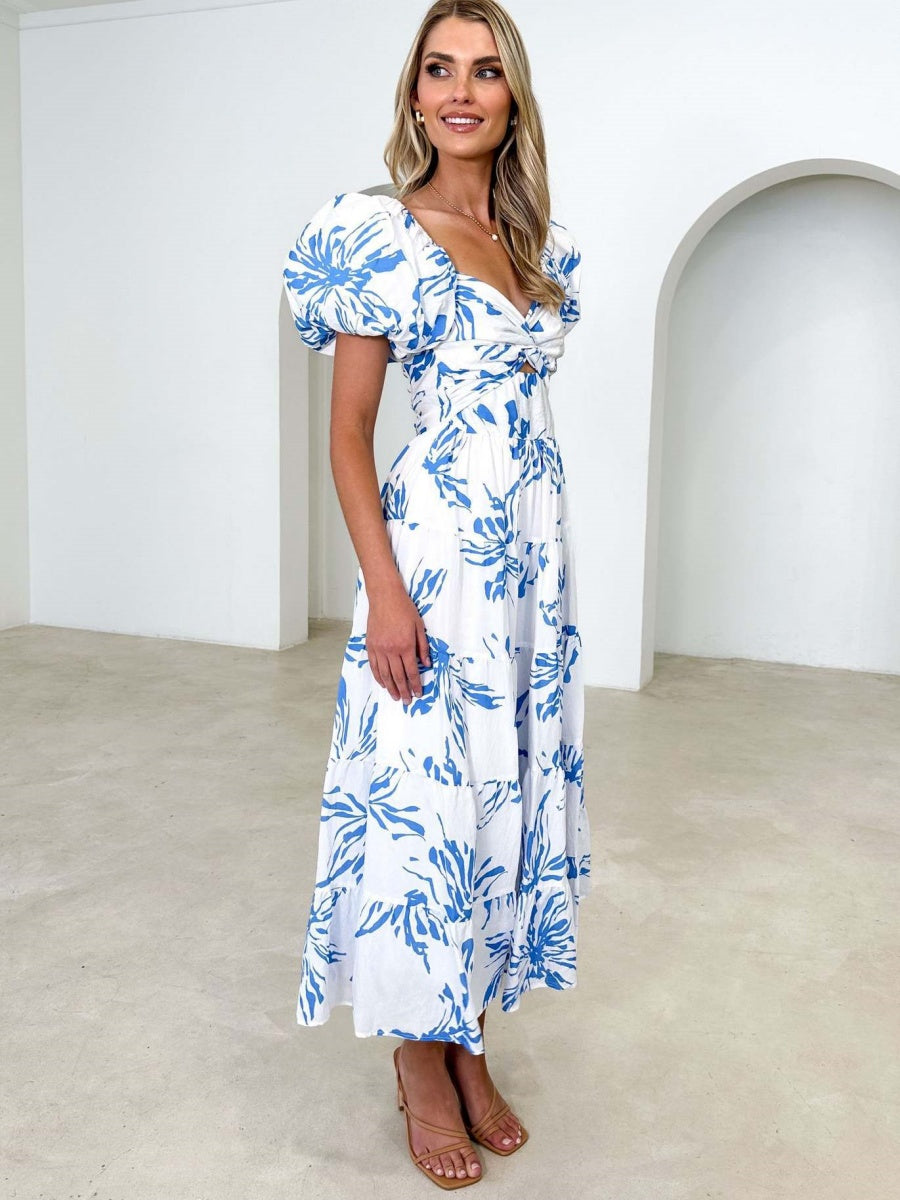 Printed Puff Sleeve Sweetheart Collar Vacation Maxi Dresses