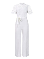 Lace Trim Hollow Short Sleeve Bandage High Waist Wide Leg Jumpsuits