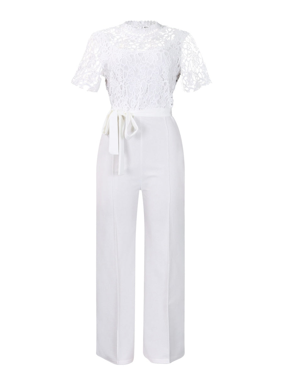 Lace Trim Hollow Short Sleeve Bandage High Waist Wide Leg Jumpsuits