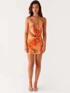 Sexy Print With A Swing Neck And One Shoulder Crossbody Mini&Short Dresses