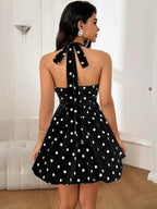 Polka Dots Printed A-line Halter Neck Short Dress