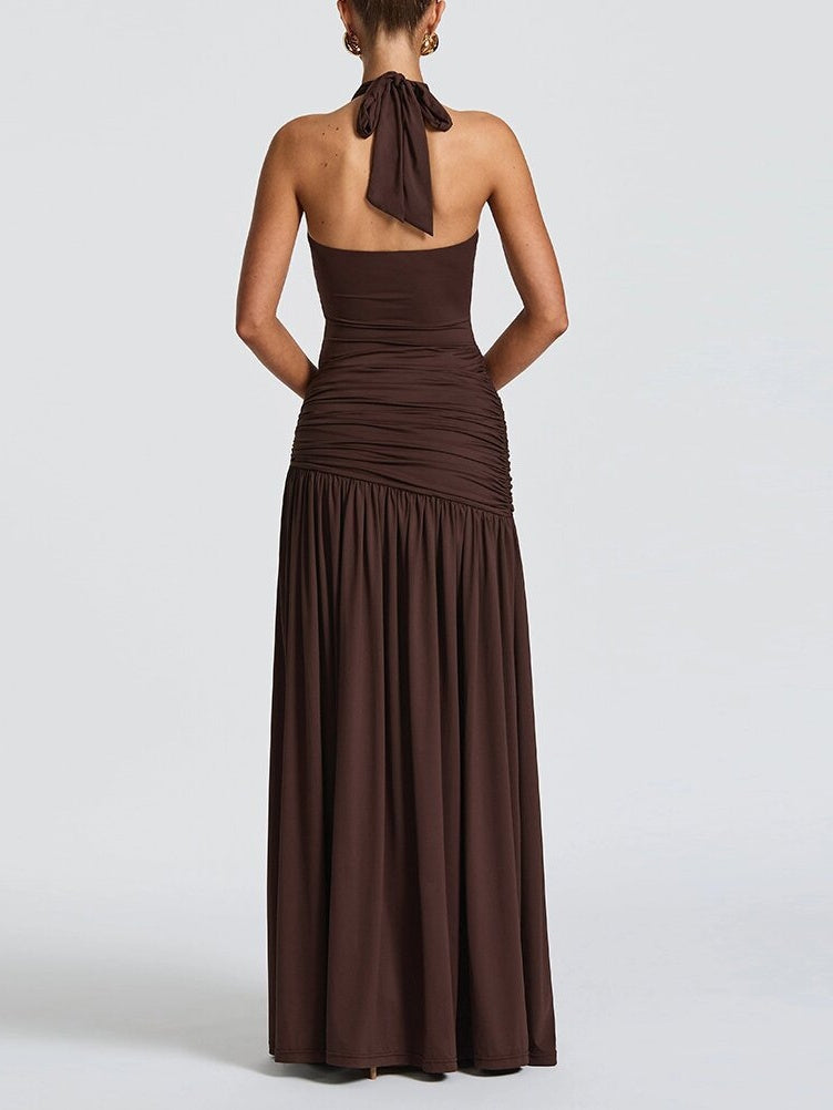 Halter-neck, Backless, Fitted, Solid Color, Slit Long Dress