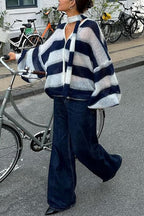 Lantern Sleeves Button Down Color Block Stripes Sweater with Scarf