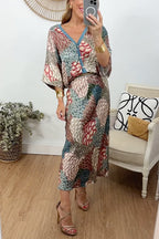3/4 Sleeves Button Up Top and High Waist Maxi Skirt Printed Set