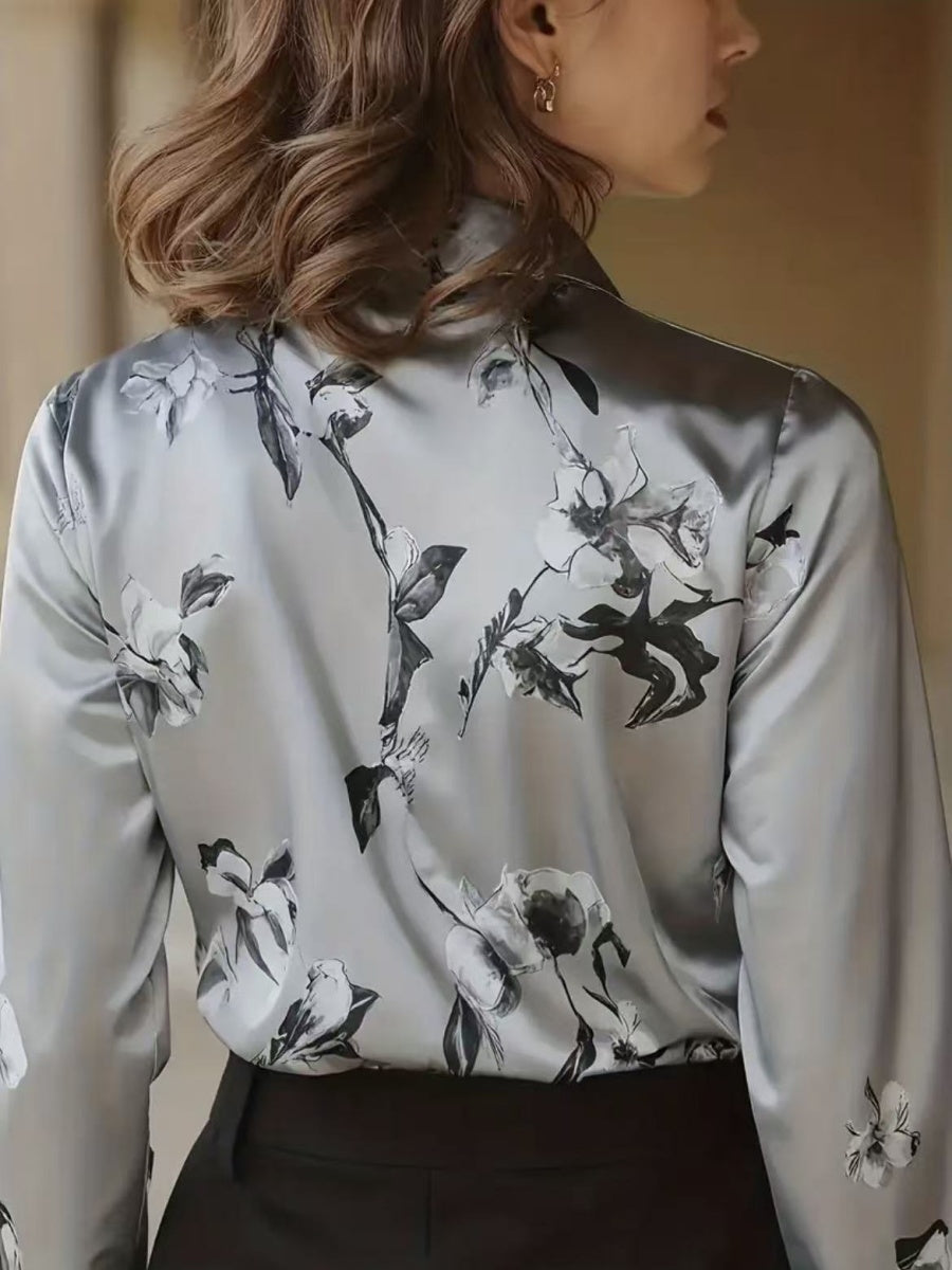 Printed Single-breasted Slim-fit Satin Casual Shirts