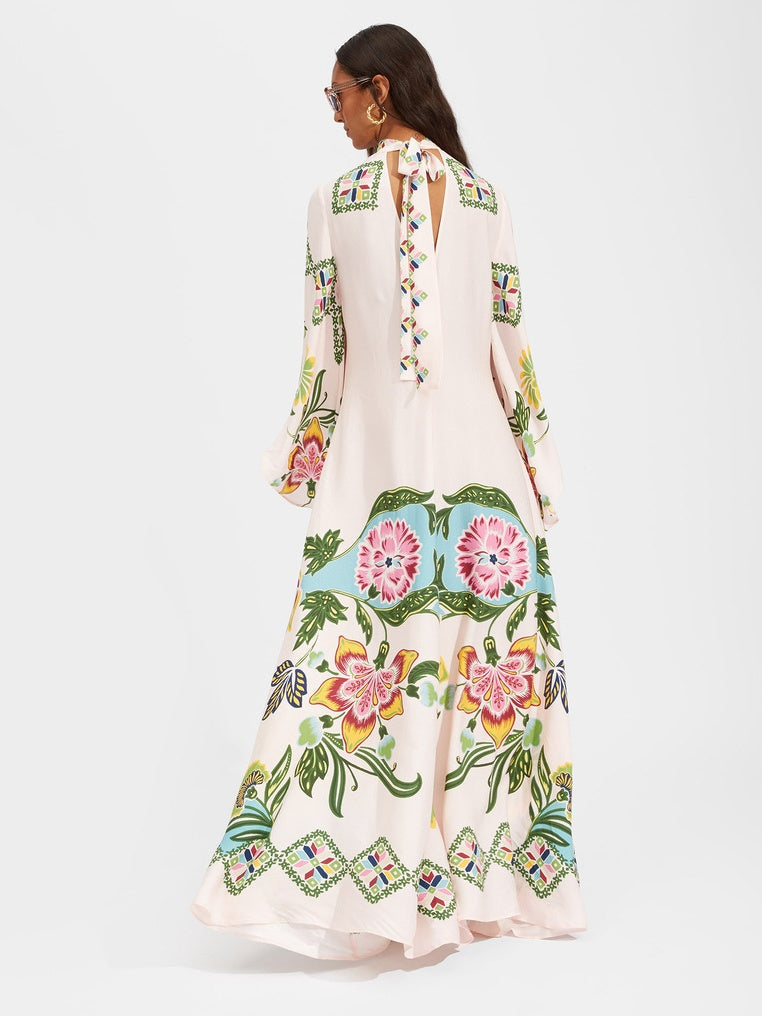 Floral Print Three-quarter Sleeve Stand Collar Long Dress