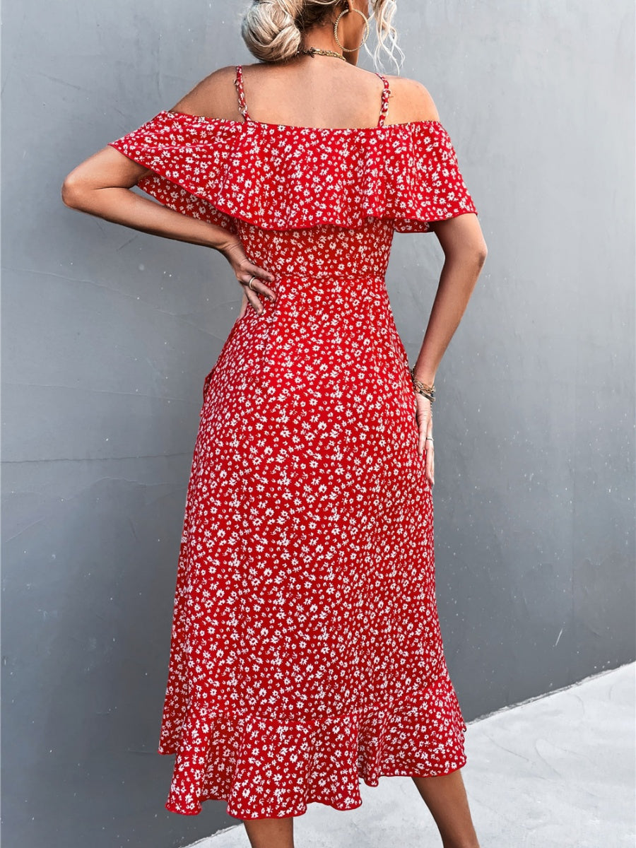 Off-the-shoulder Floral Print Sundress With Ruffles, Midi Length