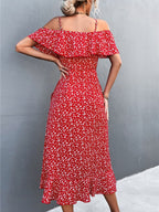 Off-the-shoulder Floral Print Sundress With Ruffles, Midi Length