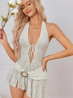 White Textured Fabric Halter Deep V Bandage Irregular Sexy Mini&Short Dresses