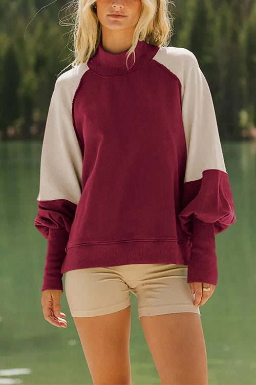 Mockneck Lantern Sleeves Color Block Sweatshirt