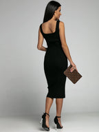 Off-shoulder Sleeveless U-neck Bodycon Ribbed Stripe Midi Dresses