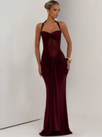 Neckband Lace Up Mesh Formal Dress Maxi Dresses