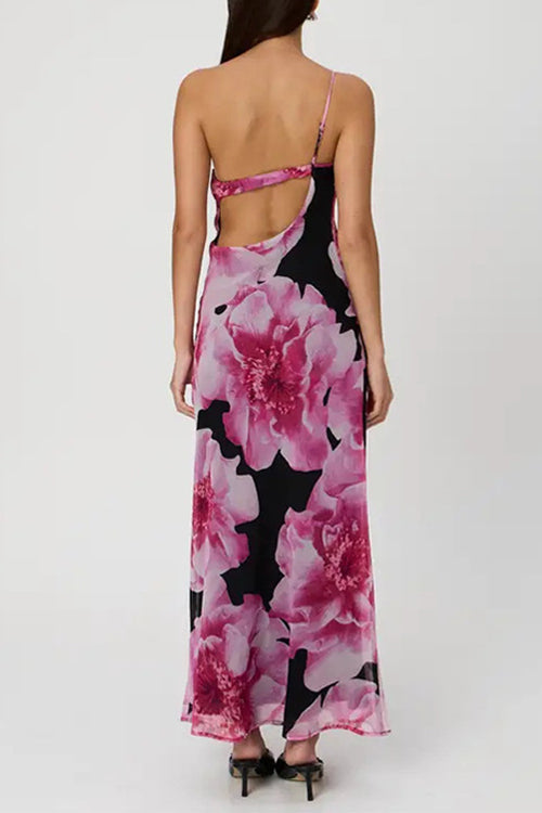 One Shoulder Cut Out Floral Print Maxi Cami Dress