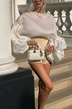 Stylish Boat Neck Puff Sleeves Satin Top