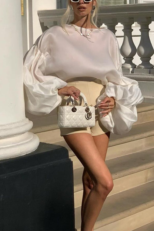 Stylish Boat Neck Puff Sleeves Satin Top