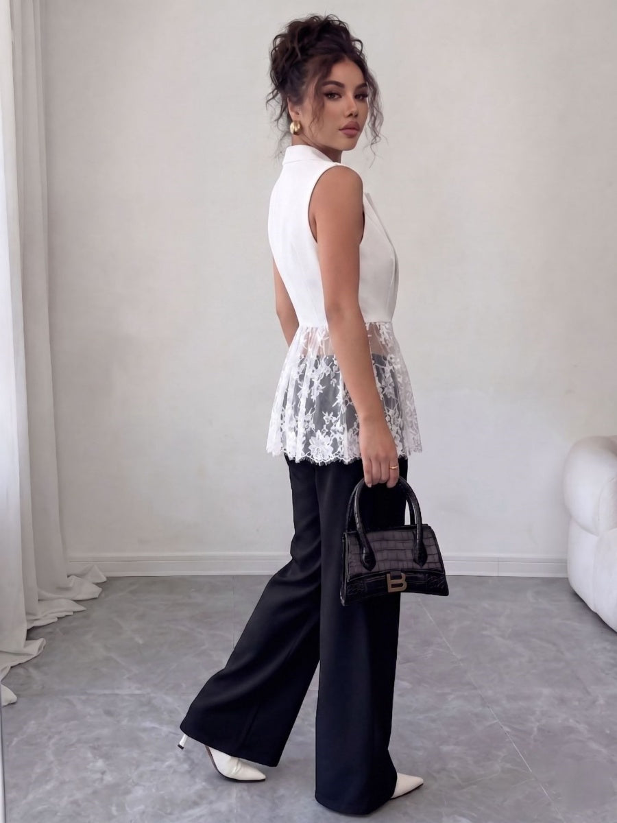 Lace Sleeveless Suit Splicing Hollow Vests
