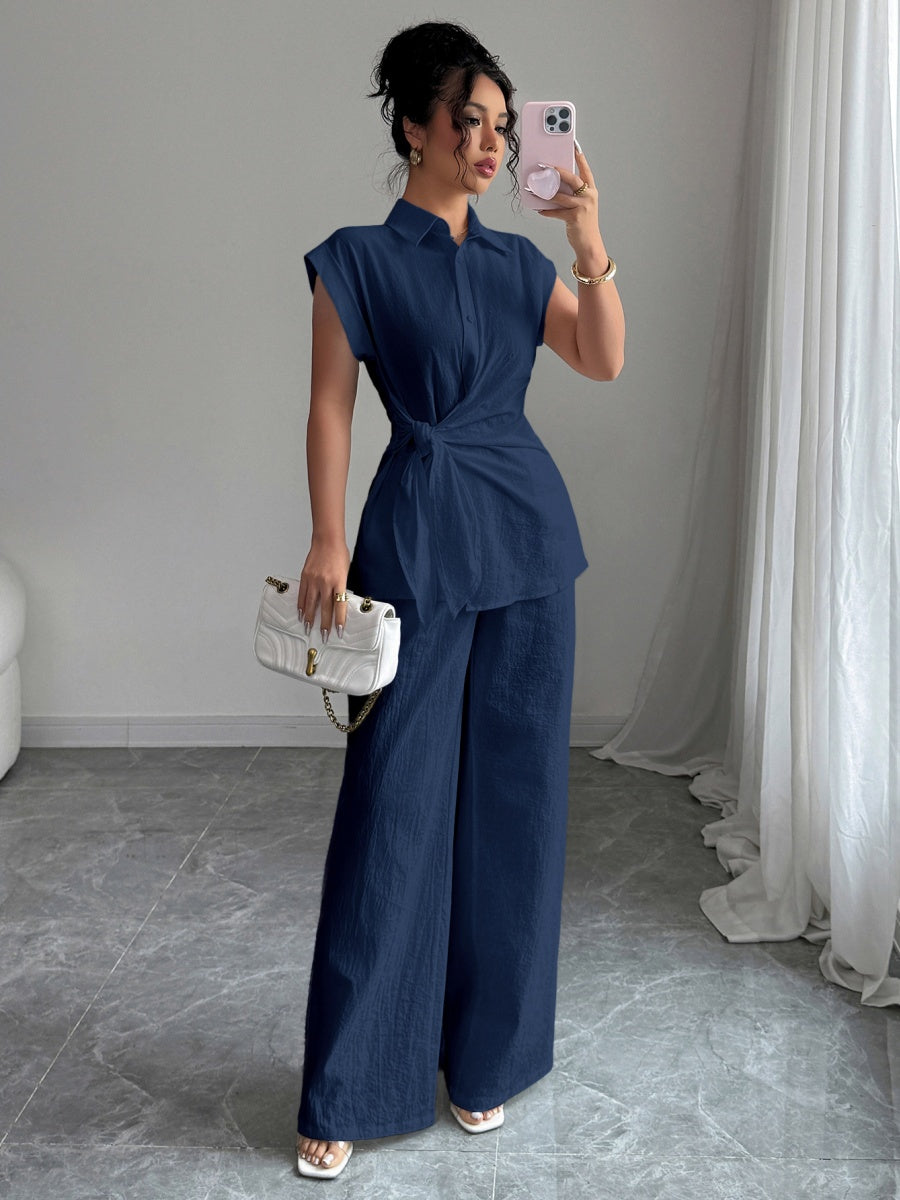 Lapel Sleeveless Kink Shirts Wide-leg Pants Business Suit 2-piece Sets