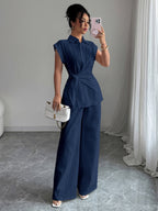 Lapel Sleeveless Kink Shirts Wide-leg Pants Business Suit 2-piece Sets
