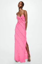 Spaghetti Strap V-Neck Tiered Ruffle High Slit Maxi Dress