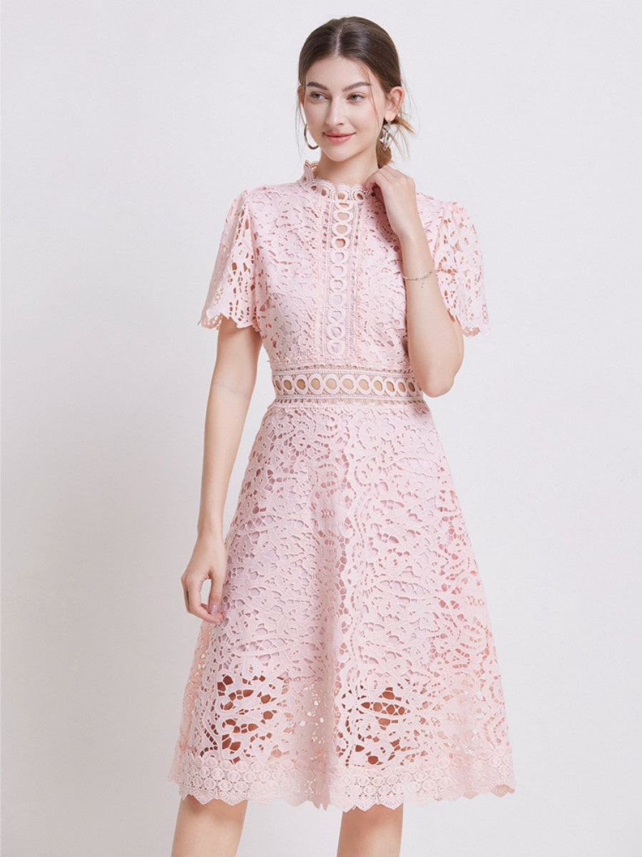 Lace Waist-cinching Hollow-out Midi Dress