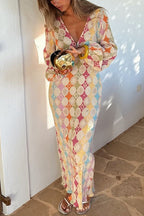 | V-Neck Lantern Sleeves Geometric Print Maxi Dress