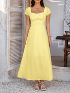 Tie-waist Ruched Puff Sleeve Long Dress