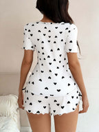 Heart-print Collared Short-sleeved Shirt And Shorts With Bow Tie - A Loungewear Set That Can Be Worn As Outerwear.