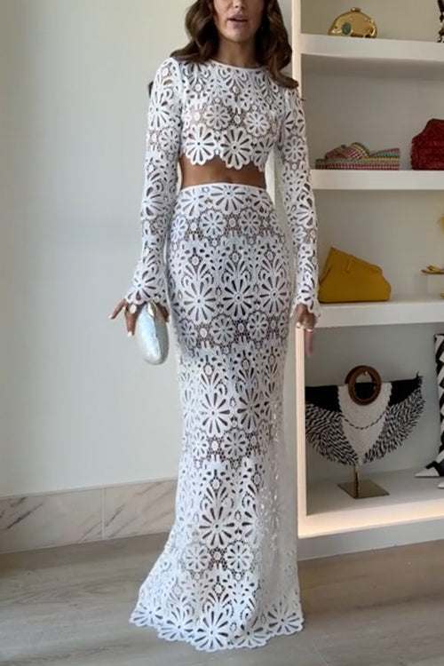 Crochet Lace Cover-up Crop Top and Maxi Skirt Vacation Set