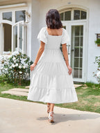 Square Neck, Backless, Puff Sleeve, Pleated Short-sleeved Long Dress