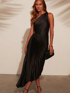 Satin Pleated One-shoulder Asymmetrical Neckline Solid Color Maxi Dresses