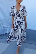 V Neck Puff Sleeves Printed Maxi Flowy Dress