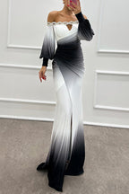 Off Shoulder Ruched Waist Gradient Tie Dye Wrap Maxi Dress