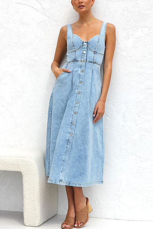 Distressed Button Down Pocketed Denim A-line Midi Cami Dress