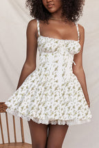 Lace Trim Corset Tie Front Bustier Gathered Skirt Mini Dress