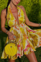 Deep V Neck Halter Backless Printed Mini Vacation Dress
