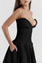 Strapless Plunging V-Neck Corset Bodice Box Pleat A-Line Midi Dress