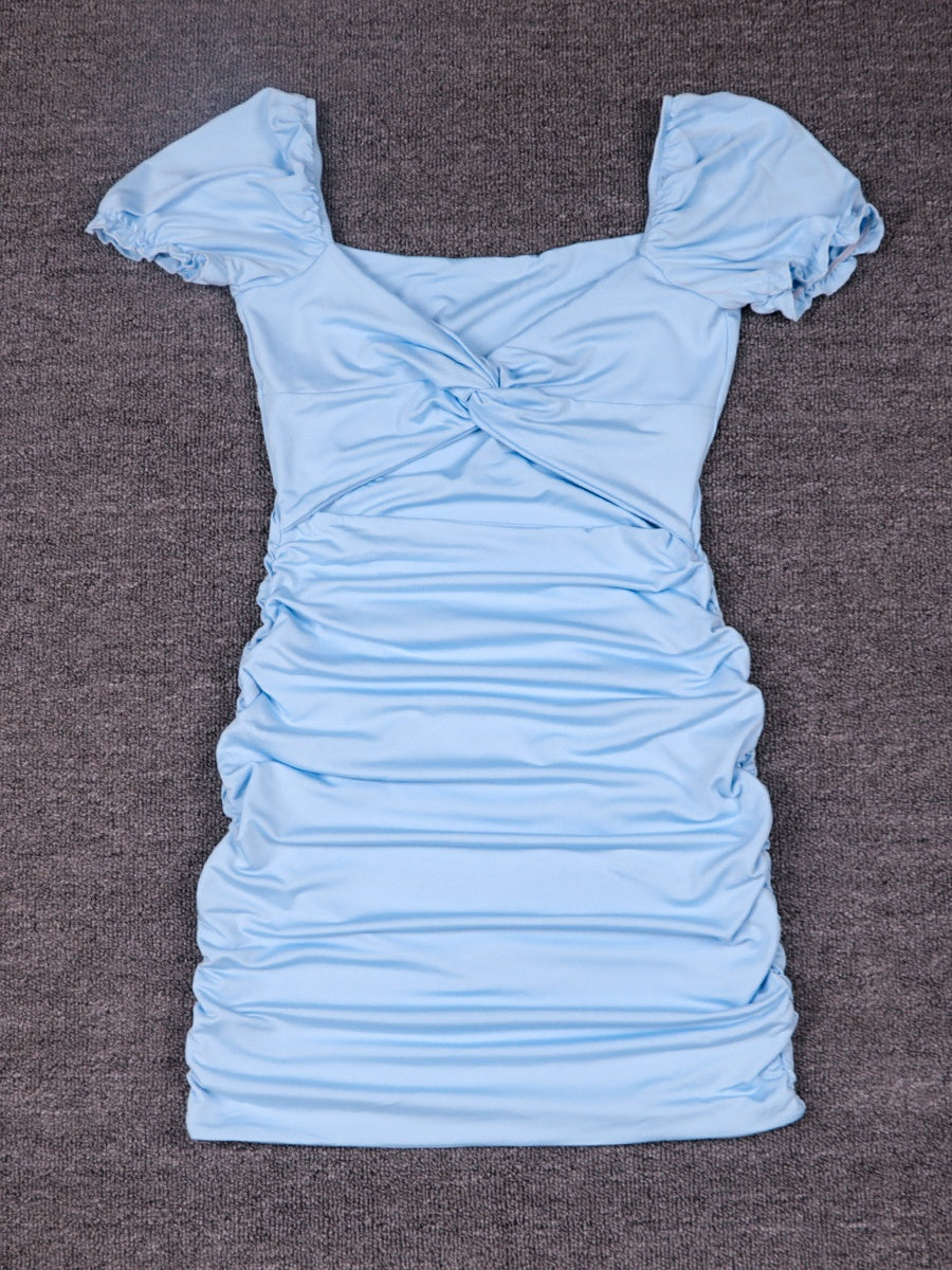 Hollow-out Pleated Puff Sleeve Bodycon Mini Dress