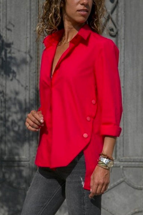 Side Buttons Long Sleeves Irregular Hem Blouse Shirt