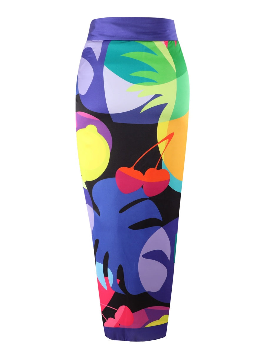 One-piece Swimsuit With Cross-over Print, Revealing Backpack And Hip-revealing Long Skirt (two-piece Set)