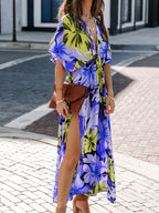 V-neck Short-sleeved Floral Print High-slit Long Dress