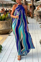 Halter Sleeveless Color Block Printed Swing Maxi Vacation Dress